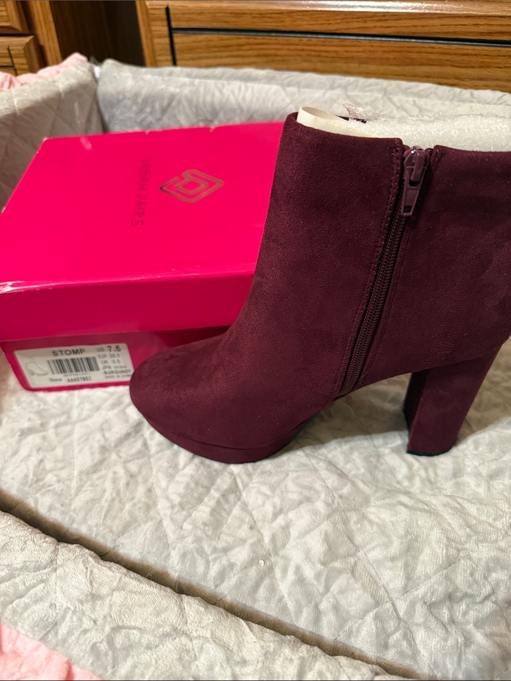 Dream Paris Stomp Women's Burgundy Suede Block Heel Ankle Boots